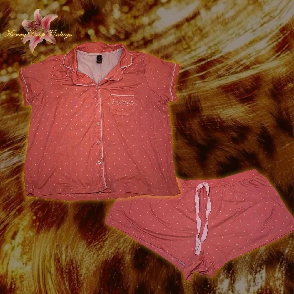 Bebe Pink Polka Dot Pajama Set with Rhinestone Logo